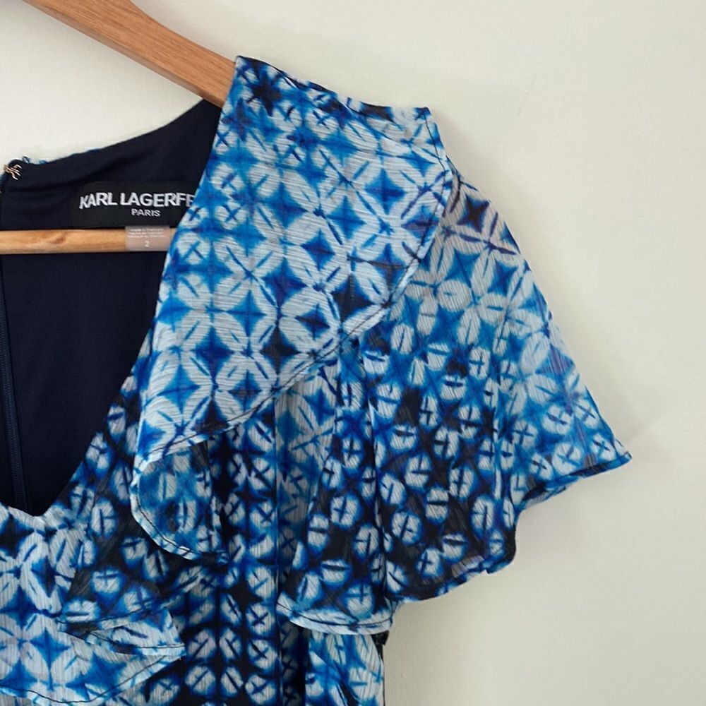 KARL LAGERFELD PARIS  Blue Printed Flutter Sleeve Dress - Picture 10 of 16